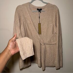 Donna Karan Beige Sequin Knit Side Knot Sweater Top Size XL